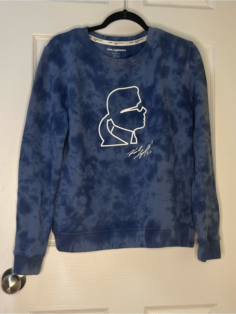 Karl Lagerfeld Paris Face Logo Signature Tie Die Terry Cloth Sweatshirt Blue XS